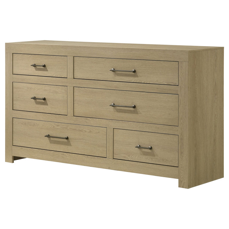 Grande commode Juhi, 6 tiroirs, conception asymétrique, bois de chêne clair