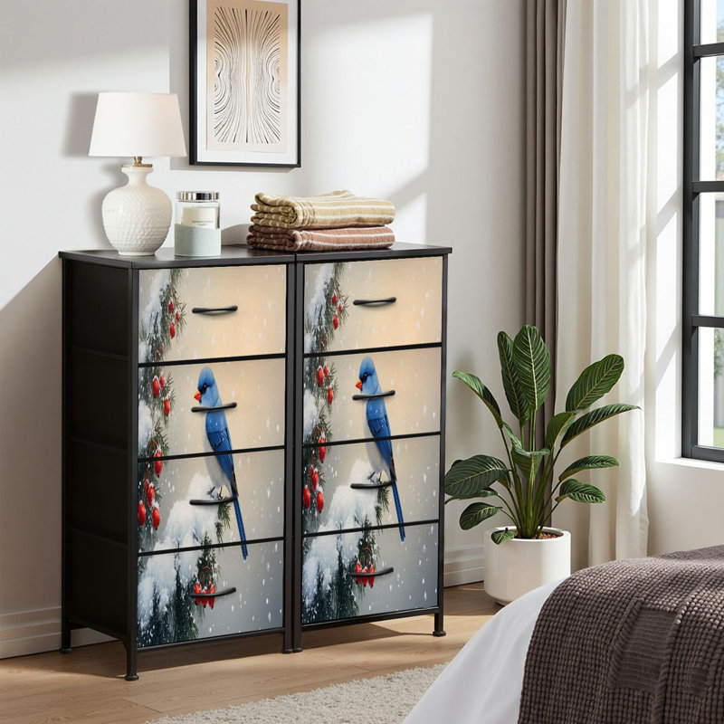 Commode pour commode de chambre à coucher pour commode de Noël rustique et oiseau enneigé avec branches de houx et commodes d'hiver rétro