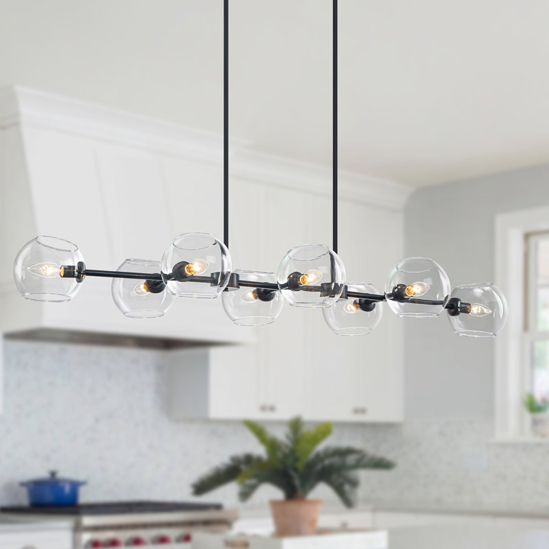Suspension moderne noire linéaire à 8 lumières pour îlot de cuisine avec globes en verre transparent, Noir