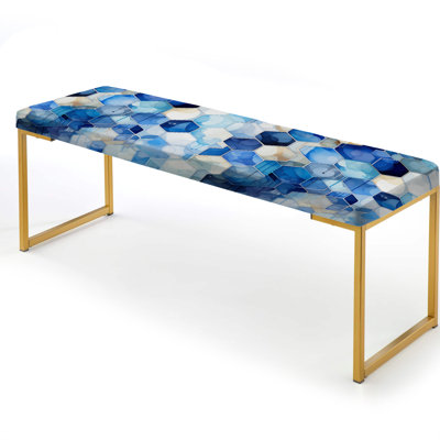 White And Blue Hexagons Dreams - Geometric Upholstered Gold Bench