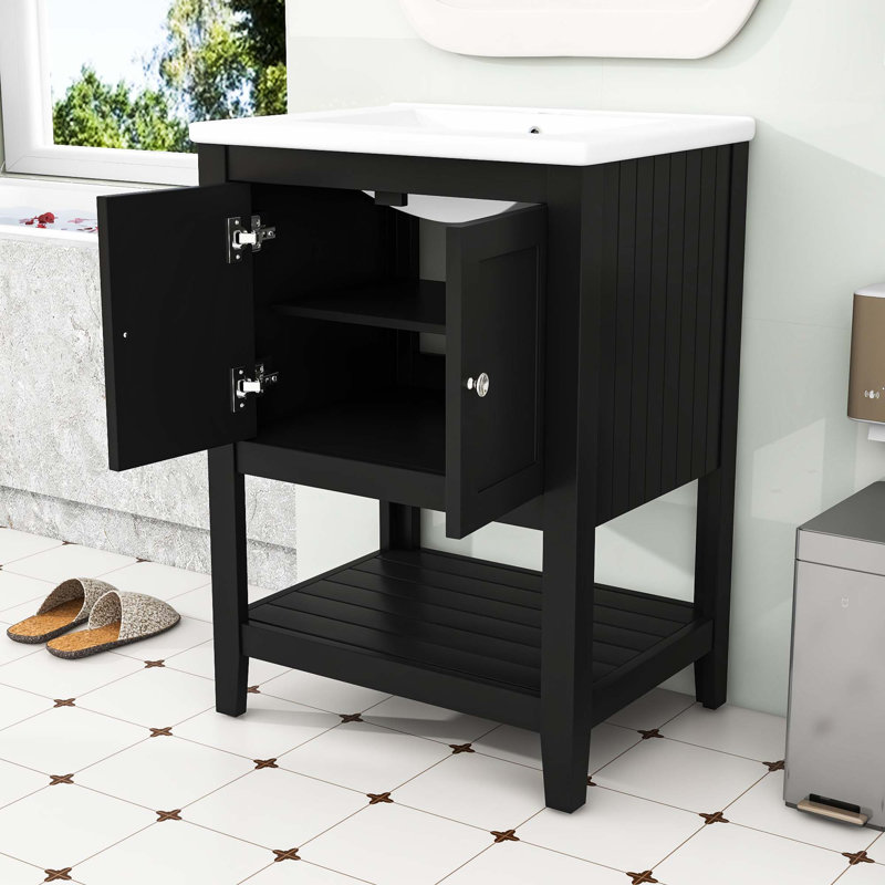 Meuble-lavabo de salle de bain avec lavabo en céramique, armoire de rangement et tablette ouverte