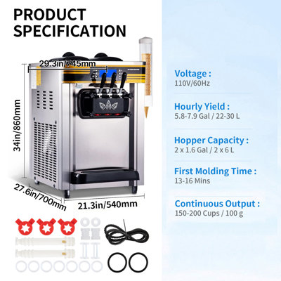 Commercial Ice Cream Maker, 22-30L/H Yield, Countertop Soft Serve Machine with 2x6L Hopper 2L Cylinder LCD Panel Puffing Shortage Alarm, Frozen Yogurt Maker for Restaurant Snack Bar, Silve