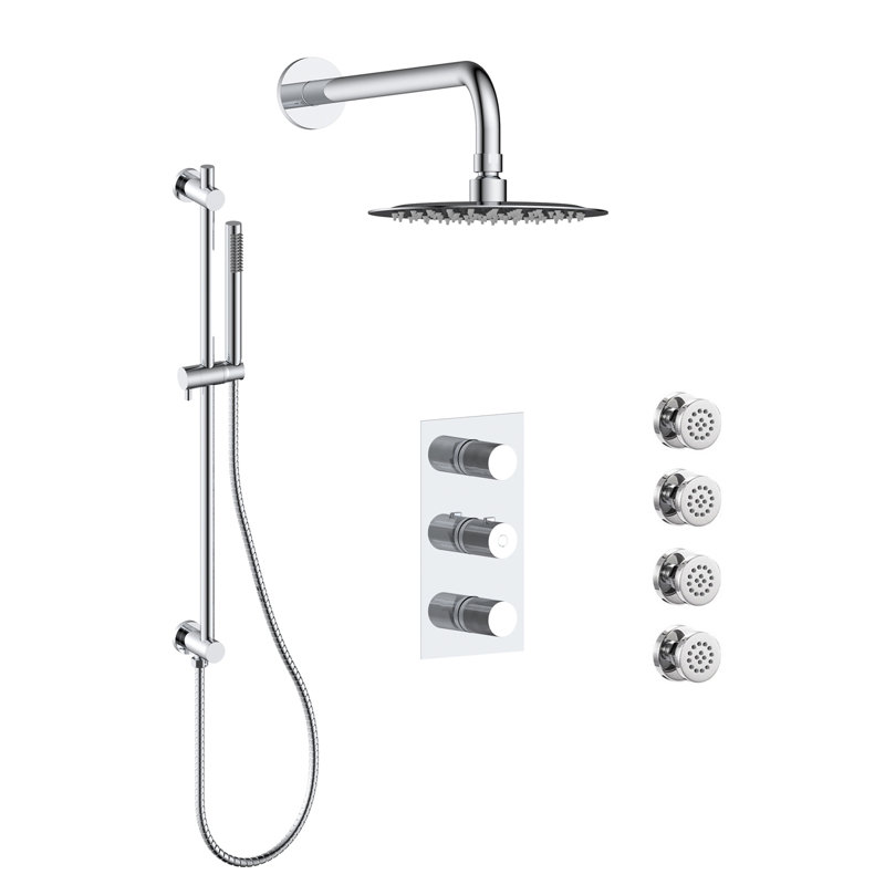 Ensemble de douche avec douchette sur rail avec coude intégré, pomme de douche à pluie et quatre jets de corps chromés