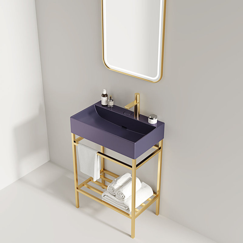 Ensemble de meuble-lavabo autoportant avec lavabo en céramique et console de salle de bain, Or/mauve