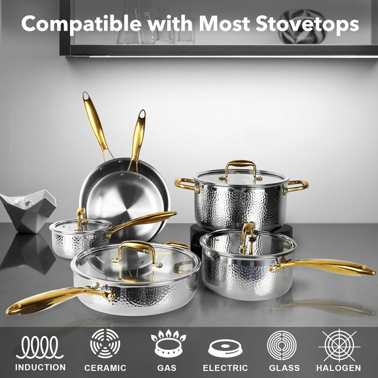 Pots and Pans Set, Tri-Ply 6 Pieces Hammered Stainless Steel Kitchen  Cookware, Gas/Induction Compatible Cookware Set, Non-Toxic, Professional  Grade