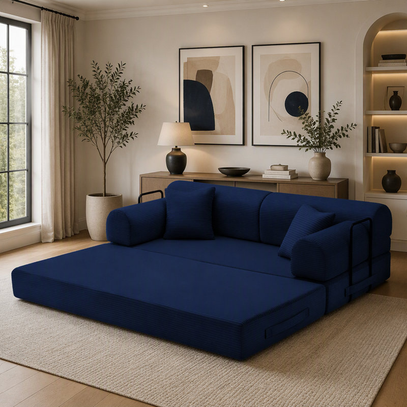 Sofa Upholstered 71.7 " Sleeper Sofa, Velours côtelé, Bleu