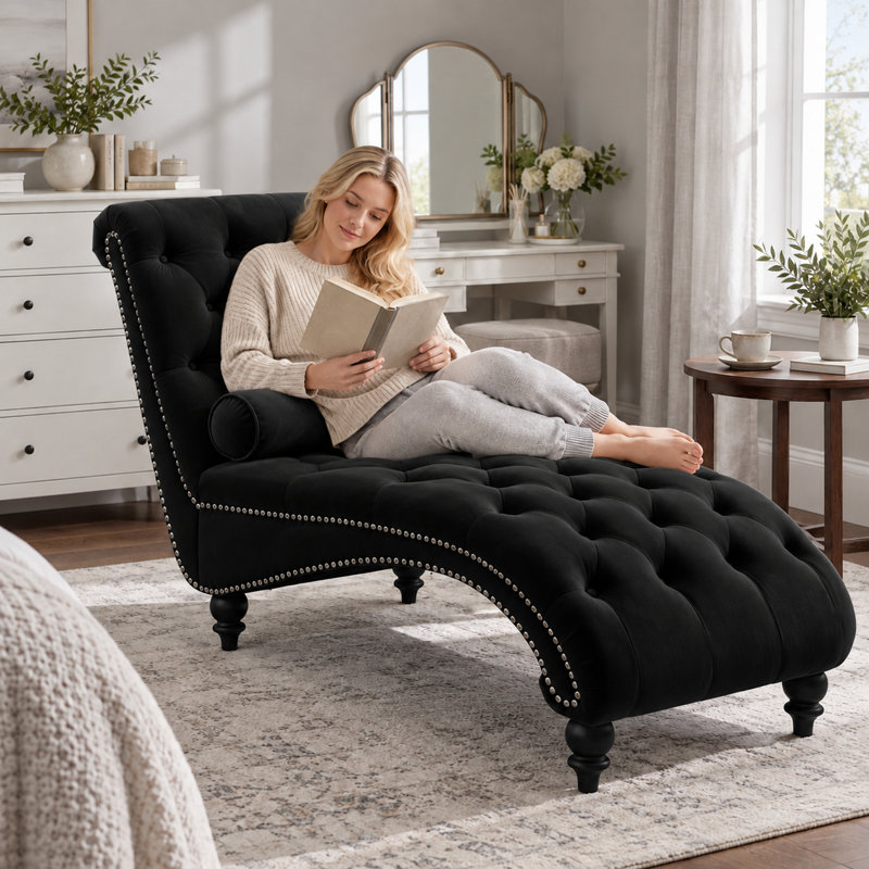 Velvet Chaise Lounge, Black Velvet