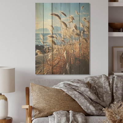 Beachgrass, photographie, horizon, bois, herbes, art mural sur bois de pin naturel