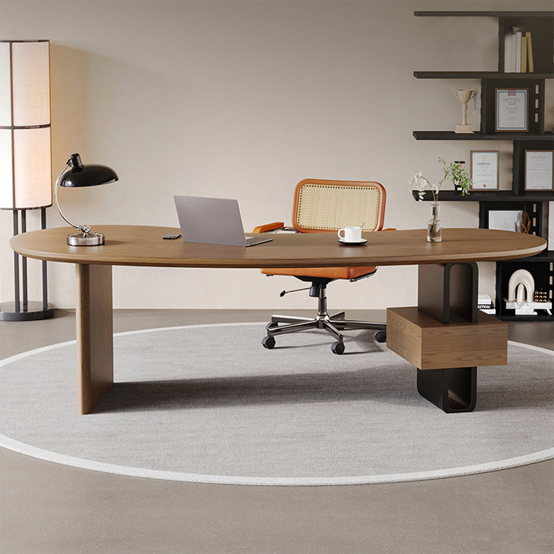 Bureau ovale brun en bois massif avec 1 tiroir, H 29,53 po x l 62,99 po x P 30,31 po, Retour à gauche