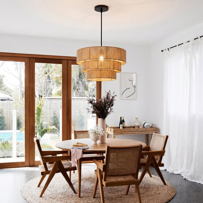 Rope Woven Pendant Light, 3-Tier Shade, Adjustable Hanging Ceiling Light Fixture for Dining Room Kitchen Island