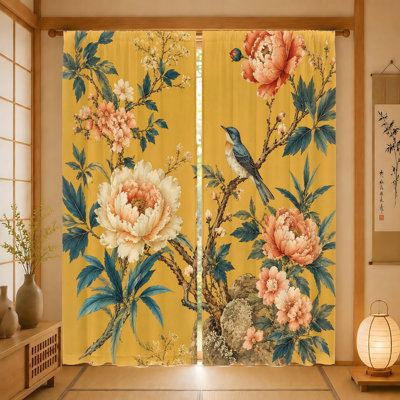 2Pcs Vintage Floral Bird Print Curtains, Light Filtering Fabric for Living Room Bedroom Balcony Kitchen Home Decor