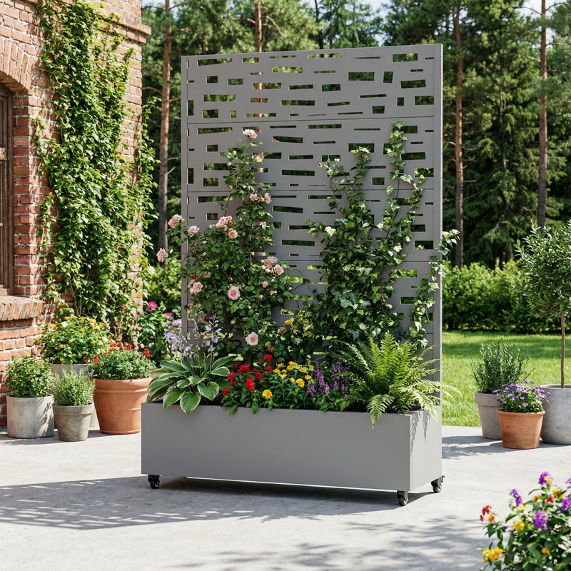 Metal Planter Box with Trellis with Wheels, 72" H x 47" W x 16" D, Grey