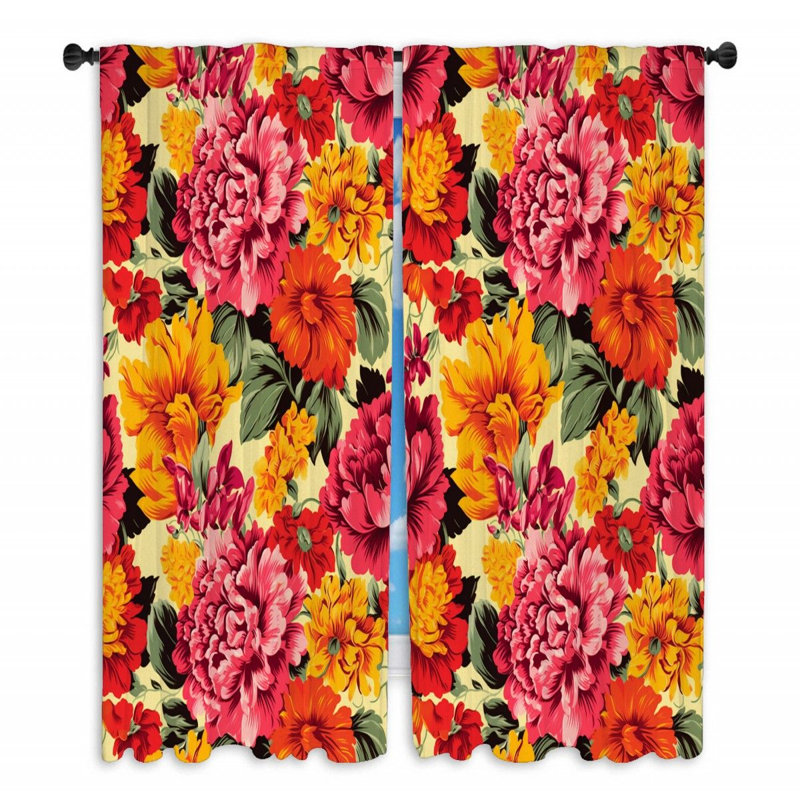 Rideaux de fenêtre rétro à motif floral - 2 panneaux, L 40 po x L 63 po