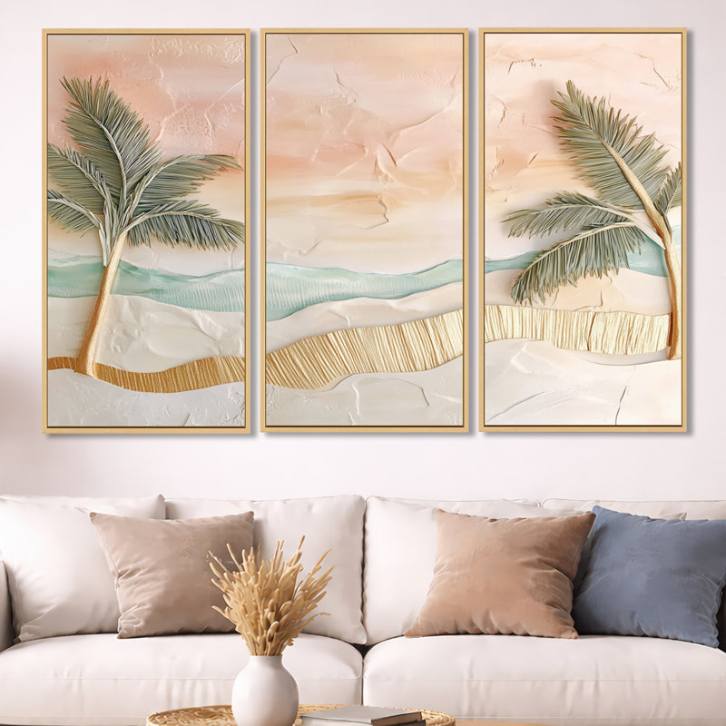 «Tropical Beach», art mural feuille de palmier - ensemble de 3 toiles encadrées Jamil, H 40 po x l 60 po, Cadre crème crème