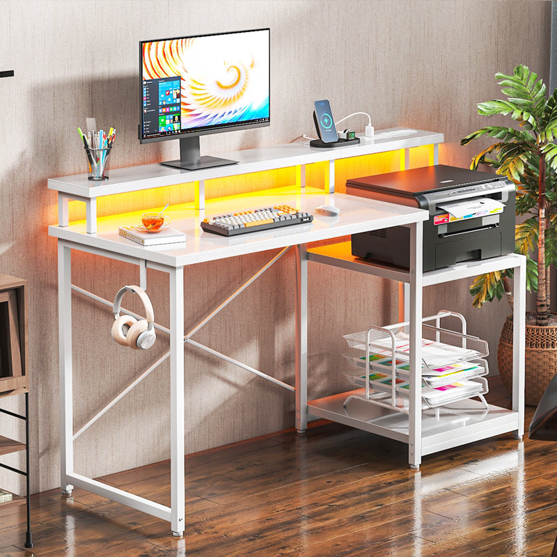 Nergui Home Office Computer Desk with Power Outlet,LED Lights & Adjustable Shelf, White/White
