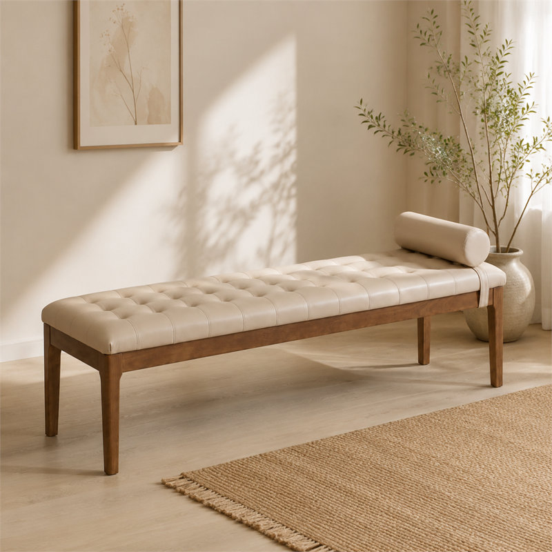 Banc de lit capitonné en similicuir, banc de chambre rembourré avec traversin et pieds en bois robuste