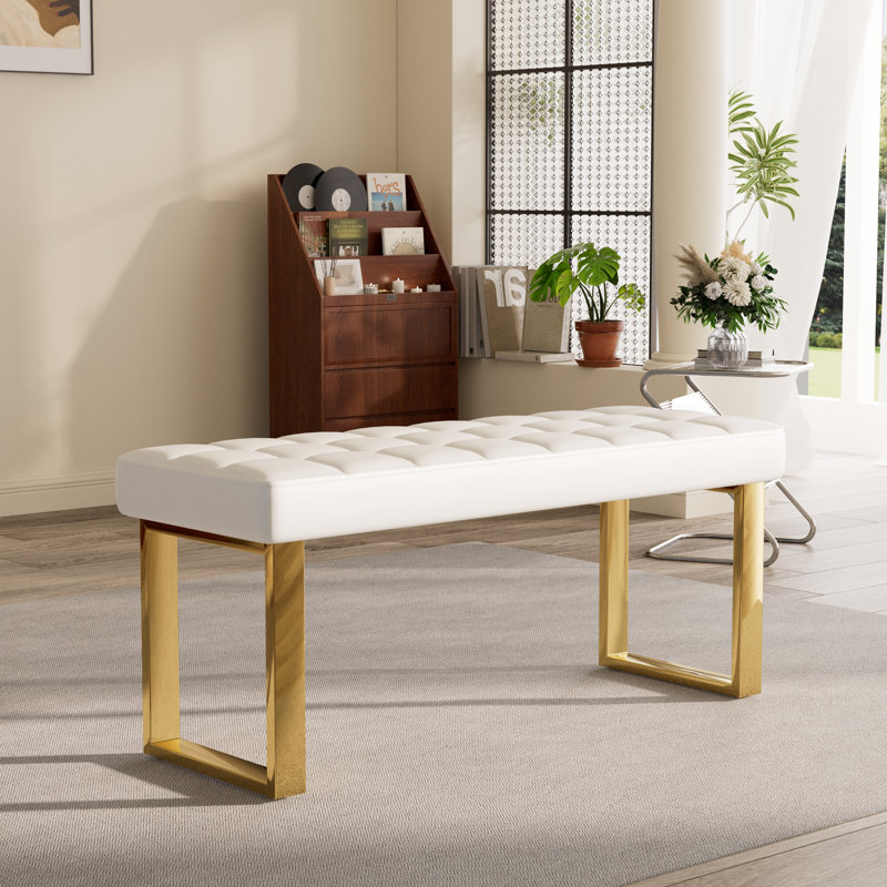 Banc rembourré en similicuir de style moderne du milieu du siècle avec structure en acier inoxydable, White, Gold