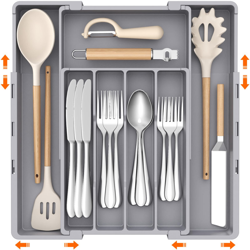 Expandable Silverware Drawer Organizer, Utensil Tray for Kitchen，Black, Grey