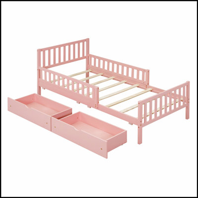 Sturdy Wood Platform Bed with Guardrails and Two Spacious Storage Drawers for Enhanced Safety and Organization