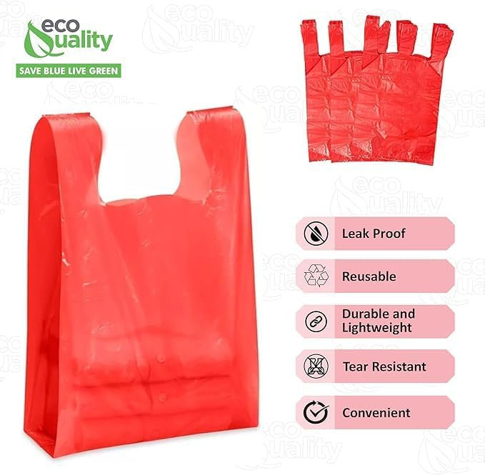 Sacs de magasinage en plastique rouge 1/8 10 x 5 x 18 pouces Ecoqualité pour sacs à emporter pour livraison, vente au détail, épicerie, restaurant, plats à emporter et dépanneurs