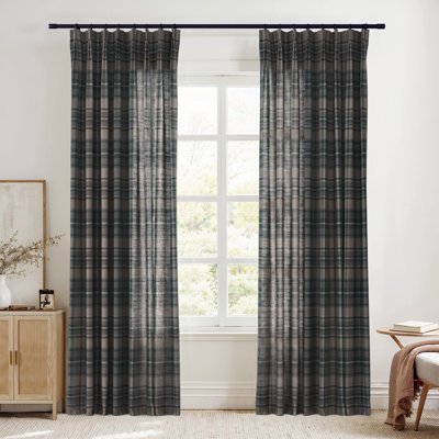 TWOPAGES Unlined Plaid Curtain Gingham Faux Linen Pinch Pleat Curtain