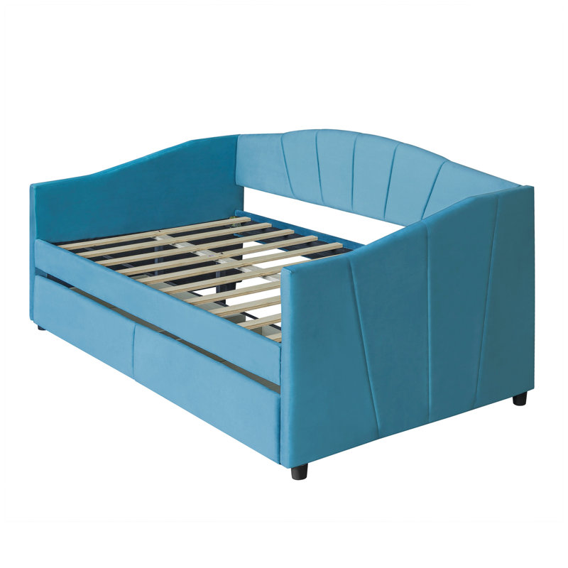 Upholstered daybed Twin Size with Two Drawers and Wood Slat, Blue