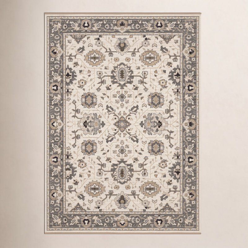 Abena Traditonal Bordered Beige/ Grey Wool Blend Area Rug, Rectangle 2' x 3'