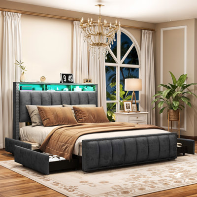  Upholstered Platform Bed With 4 Storage Drawers And RGB LED Lights