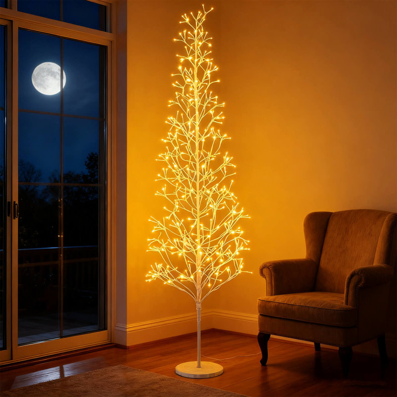 Bouleau illuminé 7 pi avec 456 lumières DEL blanc chaud, base lestée, H 7 pi
