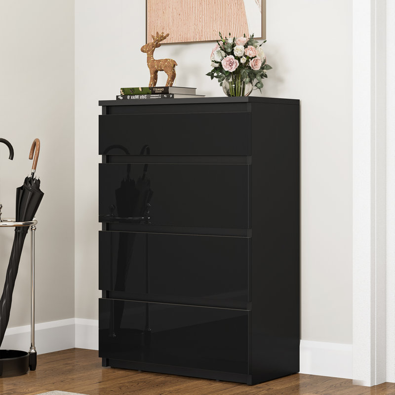 4-Drawer Wood Chest Of Drawers，60Cm W  Bedroom Drawers, Black