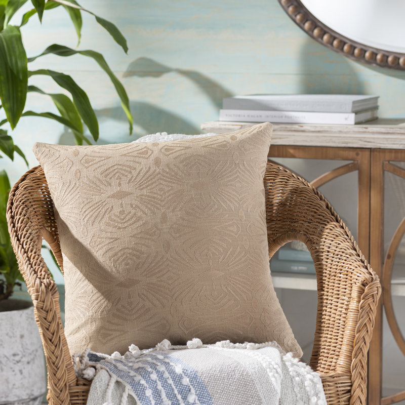 Beige Embroidered Cotton Square Throw Pillow 20" x 20"