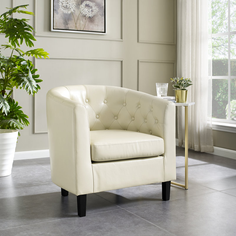 Tianny Tufted Accent Chair, Upholstered Barrel Chair, Faux Leather Accent Barrel Chair, Small Chairs, Cream Faux Leather