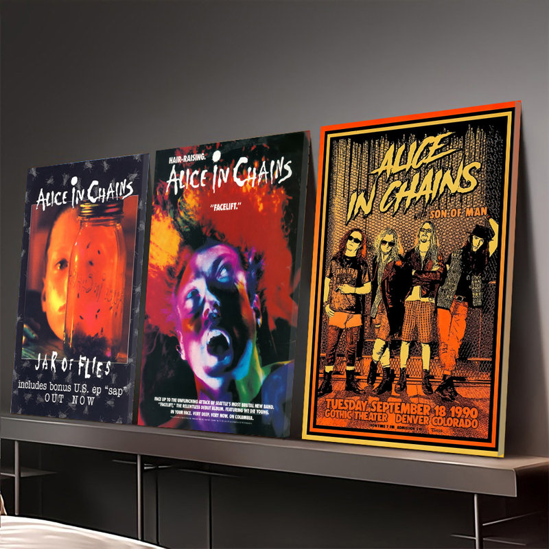 Ensemble de 3 affiches encadrées Alice in Chains, comprenant des reproductions de la pochette de l'album « Jar of Flies », des affiches de concert et des affiches décoratives pour les amateurs de musique et la décoration murale.