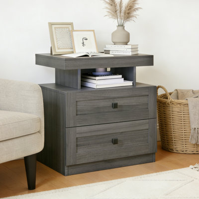 Farmhouse LED Nightstand With Charging Station, Bedroom Side Table With Drawers, Rustic End Table For Bedroom, Antique Black