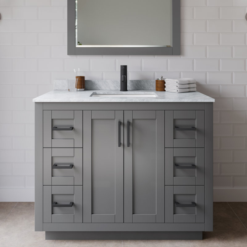 Ensemble de meuble-lavabo simple autoportant 42 po avec plateau en marbre Miranda, Gris foncé, Noir mat