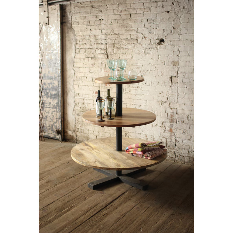 Kalalou Round Three-Tiered Mango Wood And Iron Display Tower