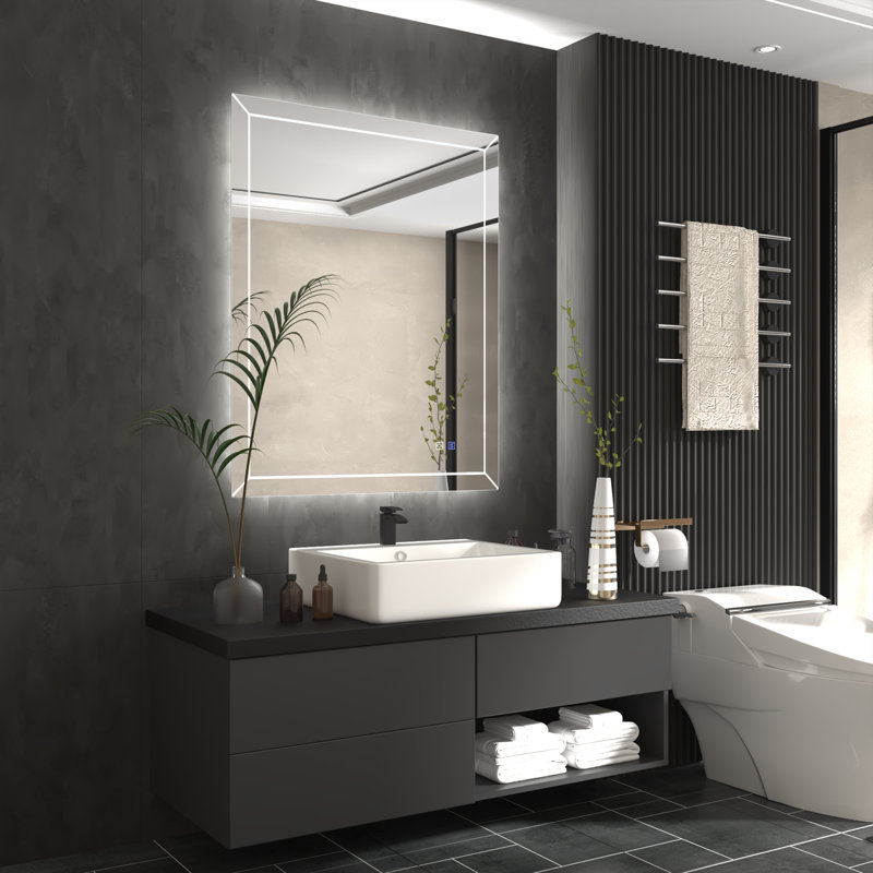 Wall Mounted 3D Frameless Anti Fog LED Light Bathroom Mirror, Dimmable Vanity Mirror, 40" x 32"