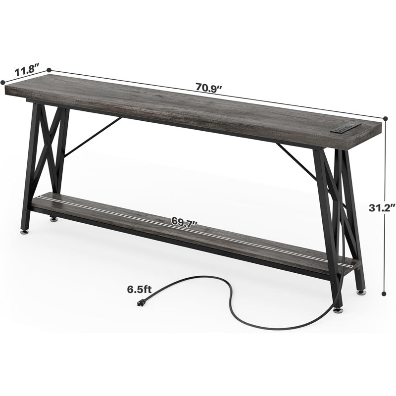 70.9'' Console Table with Charging Station, Black Oak
