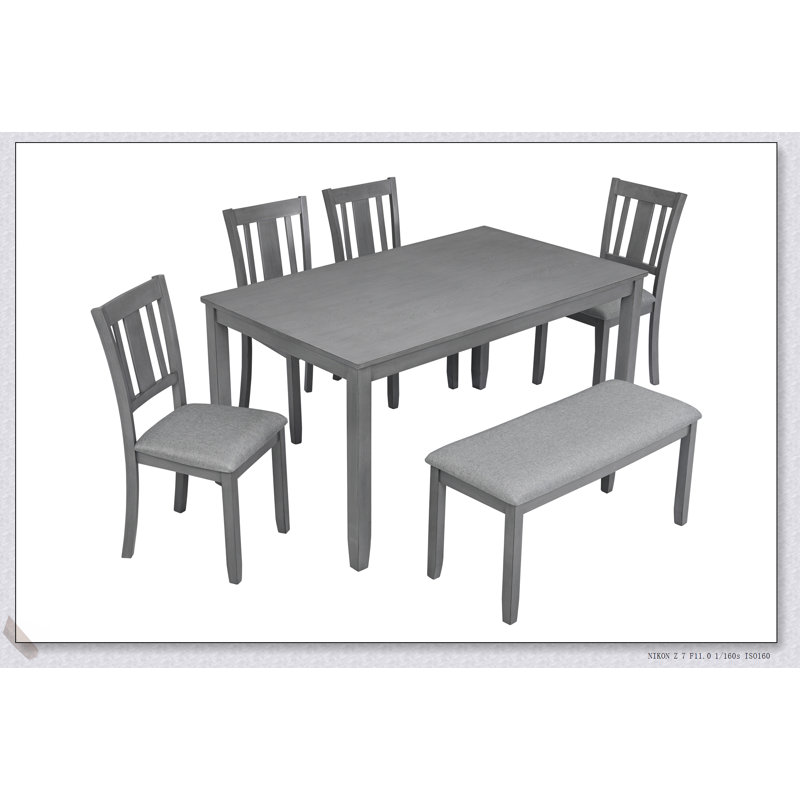 Ensemble de salle à manger 6 pièces en bois rectangulaire avec chaises rembourrées et banc, idéal pour les repas de famille et les rassemblements