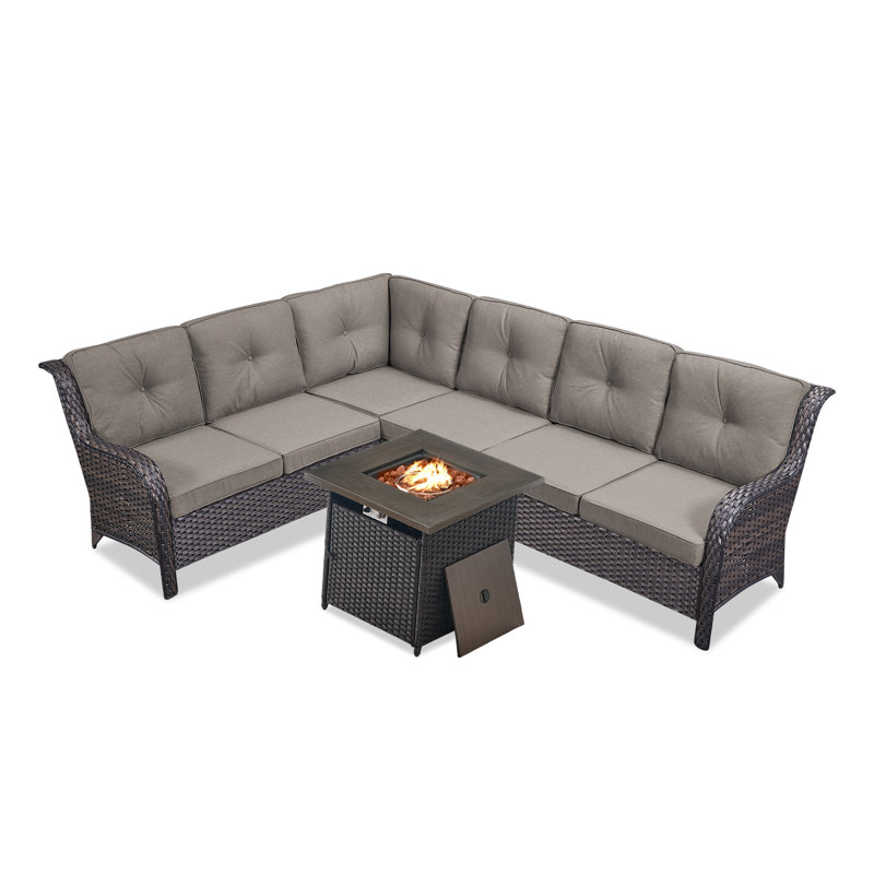 Canapé modulaire d'extérieur en forme de L en osier de 139 po avec foyer d'extérieur avec coussins Benigni, Gris, Brun