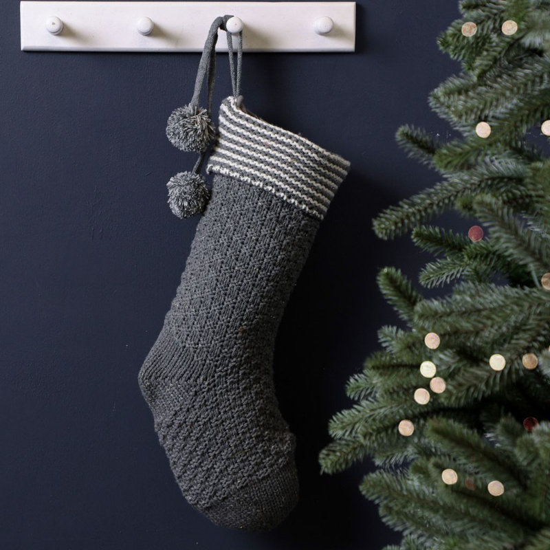 Grey Chunky Knit Pom Pom Christmas Stocking