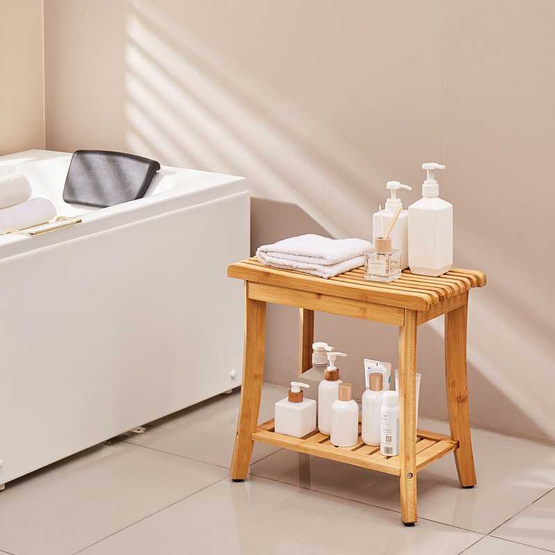 Banc de douche en bambou, 48,5 x 28,7 x 46,5 cm, capacité de charge de 150 kg, siège de bain/spa imperméable avec étagère de rangement, conçu pour les adultes, les aînés et les personnes âgées, pour une utilisation intérieure et extérieure.