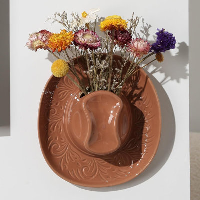 Ceramic Cowboy Hat Wall Planter Vase Brown