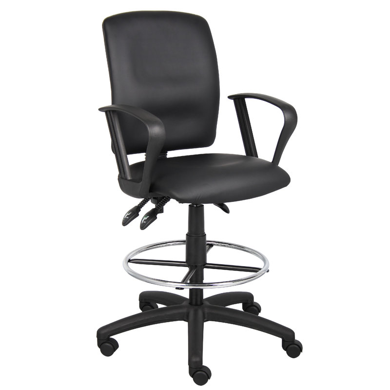 Reza Rolling Drafting Armchair, Footring, Black Faux Leather, Swivel