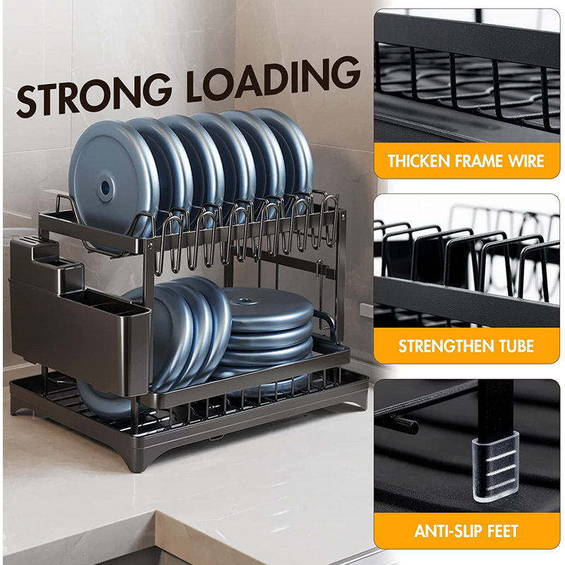 Black Metal 2-Tier Dish Drying Rack with Utensil Cup