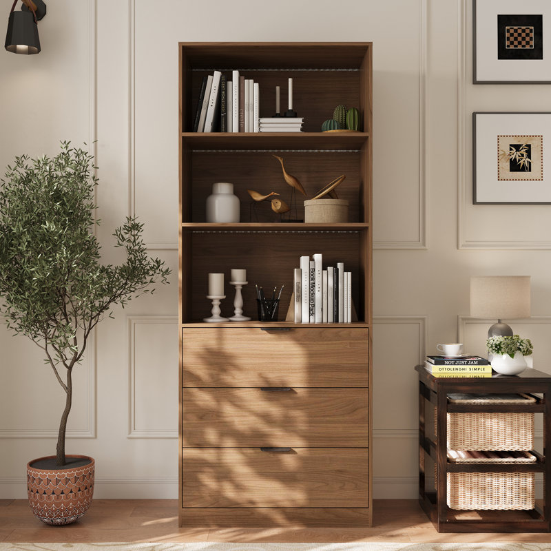 78" H Tall Bookshelf With Drawers, Bookshelf And Bookcase With 3-tier Open Shelves, Tall Storage Cabinet For Home Office