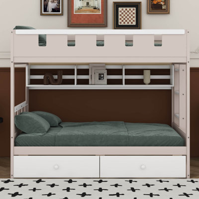 Lit superposé avec tiroirs de rangement, cadre de lit maisonnette avec tablette et lumière DEL, rampe de style fenêtre géométrique