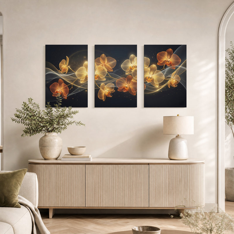 Orchidées translucides incandescentes sur fond sombre, ensemble de 3 toiles, H 36 po x l 24 po x 3 pièces