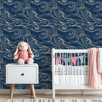 Peel and Stick Wallpaper Elegant Navy Blue Swirling Wave Cream Accents Contact Paper Removable Self Adhesive Wall Mural Wall Decor for Bedroom Kitchen Cabinets 17.7in x 118in