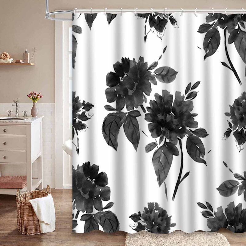 Rideau de douche noir à motif floral noir avec 12 crochets, L 72 po x l 72 po